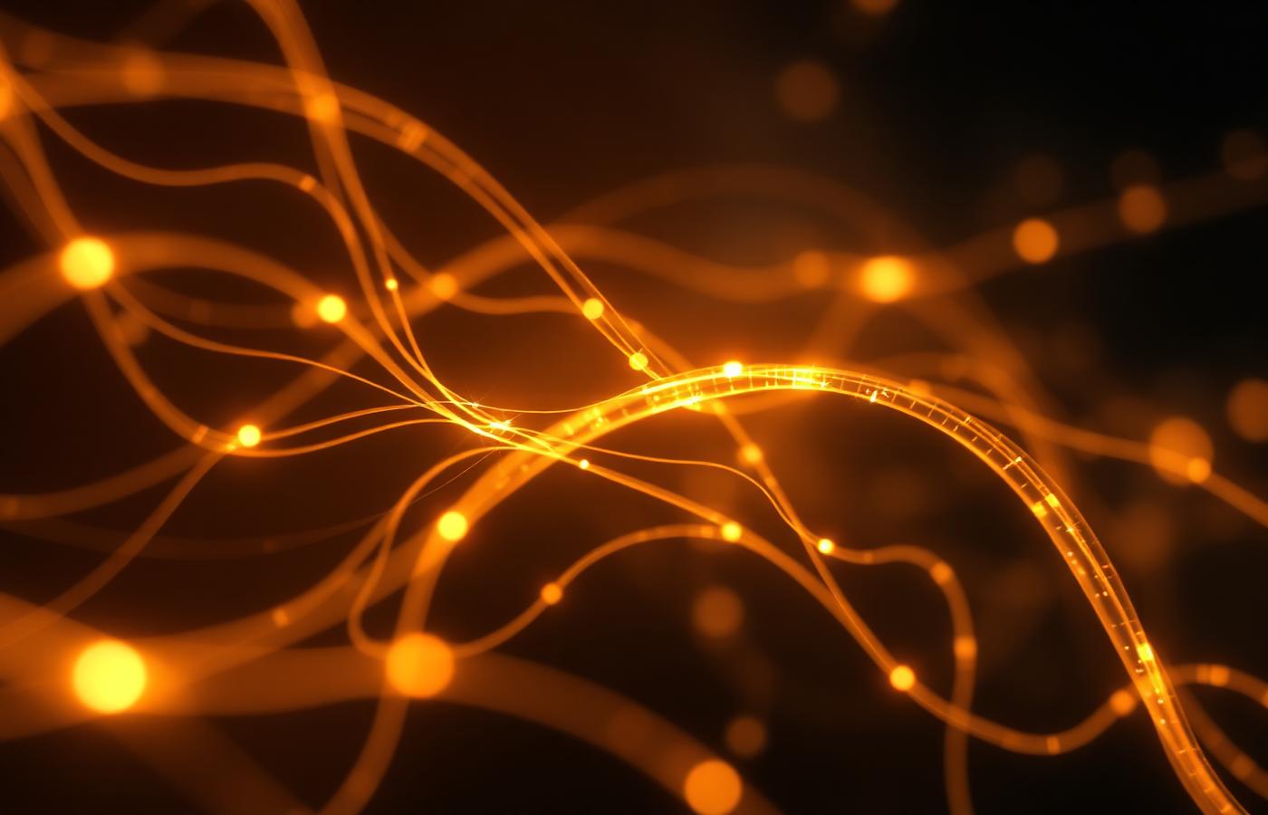 Glowing amber neural network strands over a dark background