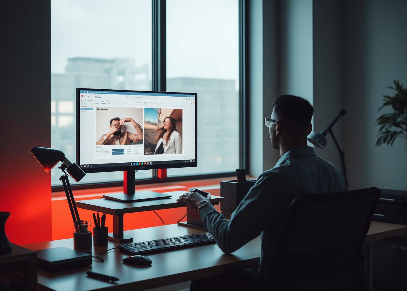 Software engineer working at a modern workstation on interface design